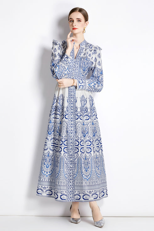 Renaissance Paisley Printed Court Style Elegant V-Neck, High Waist, Lantern Sleeve Formal Party Dress